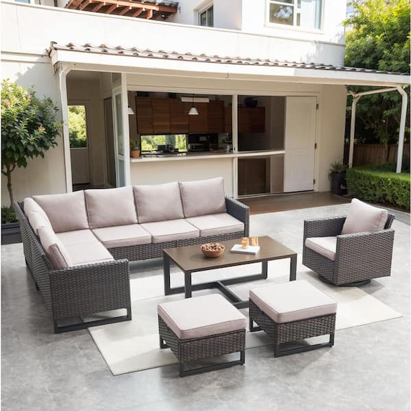 Gymojoy Valenta Brown 7-Piece Wicker Patio Conversation Sectional Seating Set with Beige Cushions