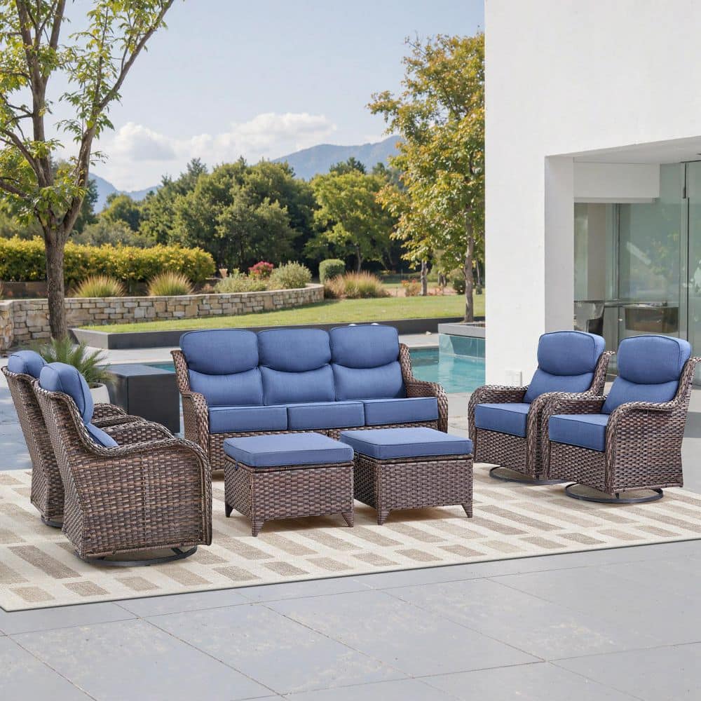 Moonluxe 7-Piece Brown Swivel Glider Wicker Patio Conversation Set with Navy Blue Olefin 6 In. Thick Cushion/Ottomans price history on PriceWatchPro