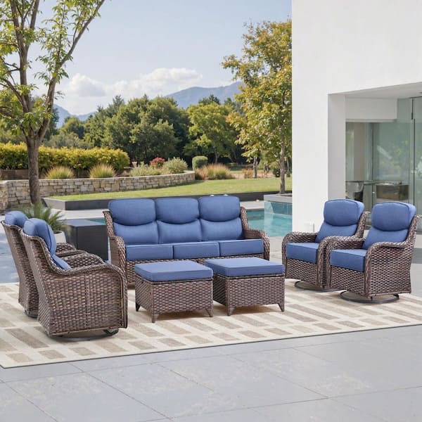 Moonluxe 7-Piece Brown Swivel Glider Wicker Patio Conversation Set with Navy Blue Olefin 6 In. Thick Cushion/Ottomans