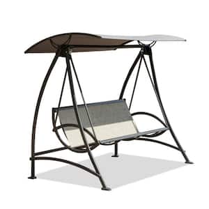 52.0 in. 3-Person Dark Brown Metal Frame Patio Swing Chair with Adjustable Canopy