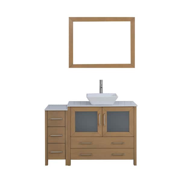 48 in. W Single Basin Natural Oak Bath Vanity with White Engineered Marble Top and Mirror