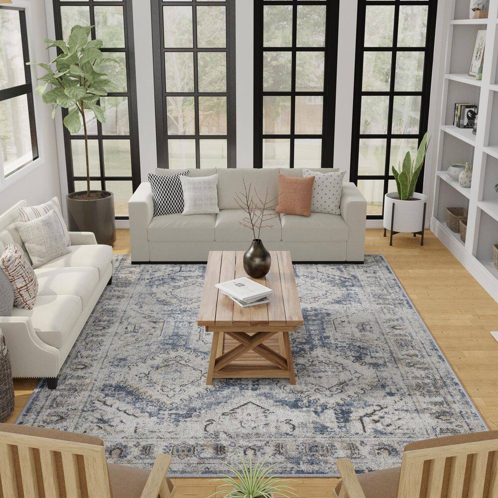 Kehleigh Blue Medallion Stain-Resistant Rectangular Area Rug