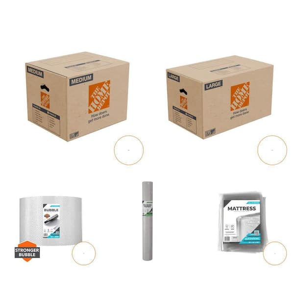 20 in. Box (30-Count), 26 in. Box (10-Count), 12 in. Bubble Cushion (2-Count), Paper (75-Sheets), Bag