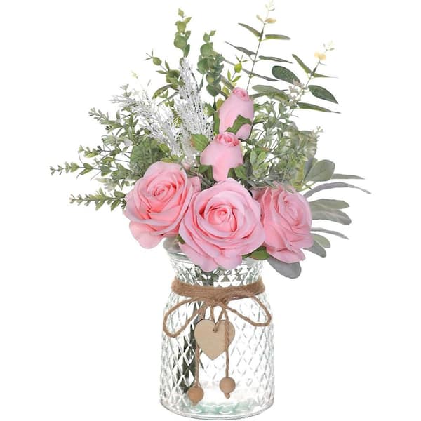 Unbranded 14.5 in. Pink Indoor Artificial Silk Roses in Clear Vase