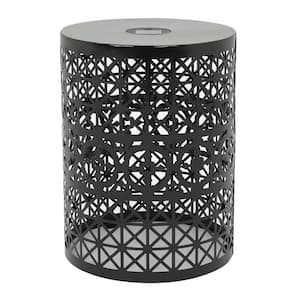 Black Round Metal Outdoor Side Table with Solar Powered Light for Indoors and Outdoors