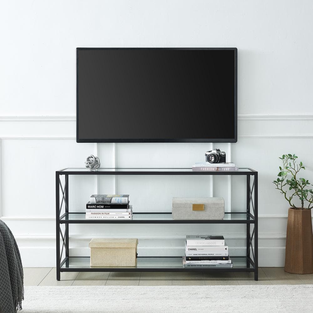 Hutton 50'' Blackened Bronze Modern Metal TV Stand with Glass Shelves