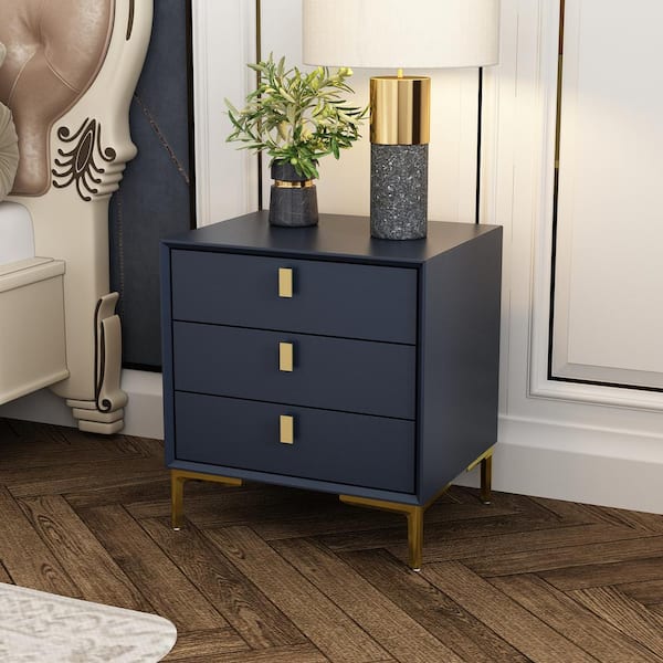19.6 in. W x 21.3 in. H Blue Rectangle Wooden End Table Nightstand with 3-Drawers and Gloden Legs