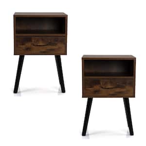 1-Drawer Rustic Brown Set of 2 Mid-Century Wood Nightstand with Shelf (15.75 in. W x 11.75 in. D x 23.25 in. H)