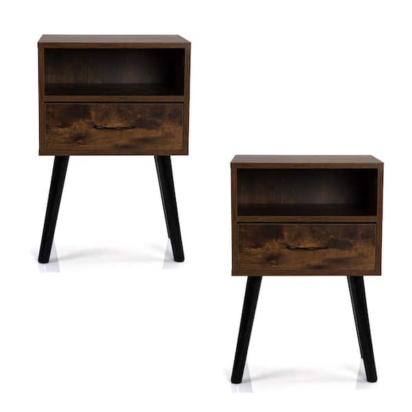 Spaco 1-Drawer Rustic Brown Set of 2 Mid-Century Wood Nightstand with Shelf (15.75 in. W x 11.75 in. D x 23.25 in. H)