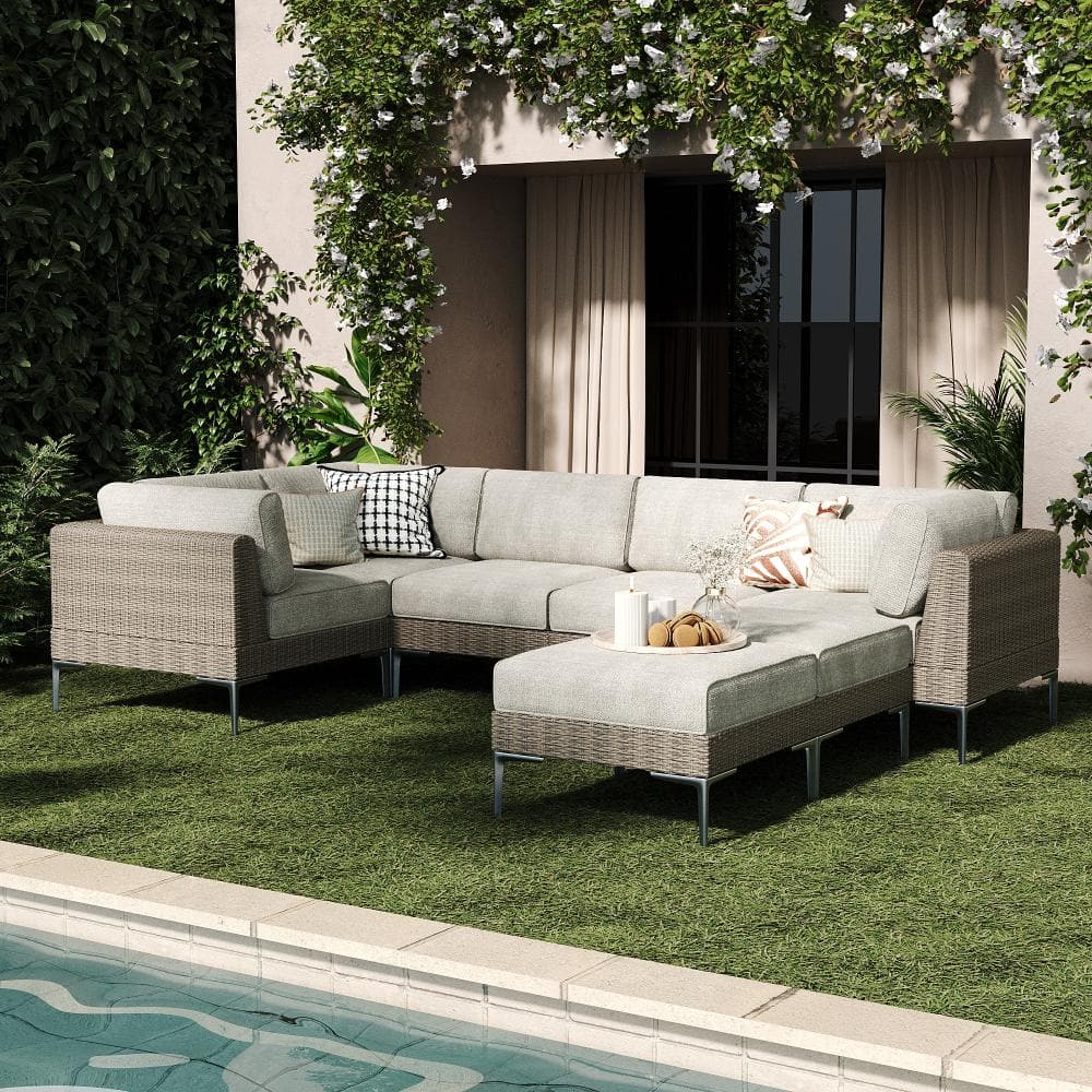 7-Piece Wicker Rattan Patio Sofa Sectional Conversation Set with Beige 6-inch Cushions
