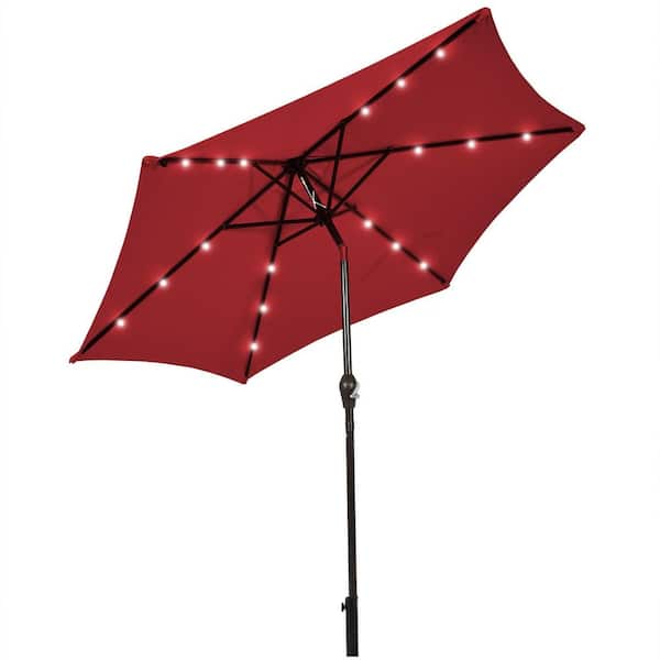 ANGELES HOME 9 ft. Iron Tilt Crank Solar Lighted 6-Rib Market Patio Umbrella without Base in Wine