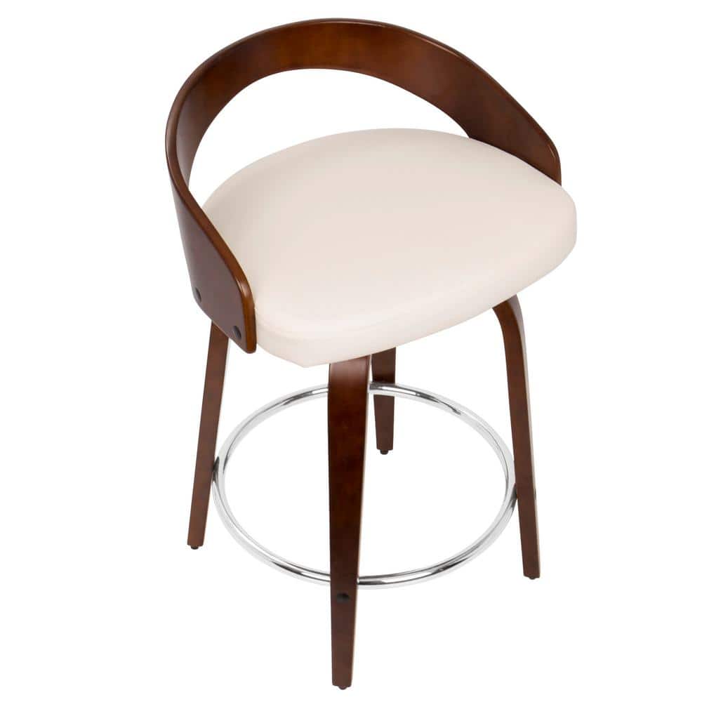 Cherry Wood and White Faux Leather Swivel Counter Stools, Set of 2