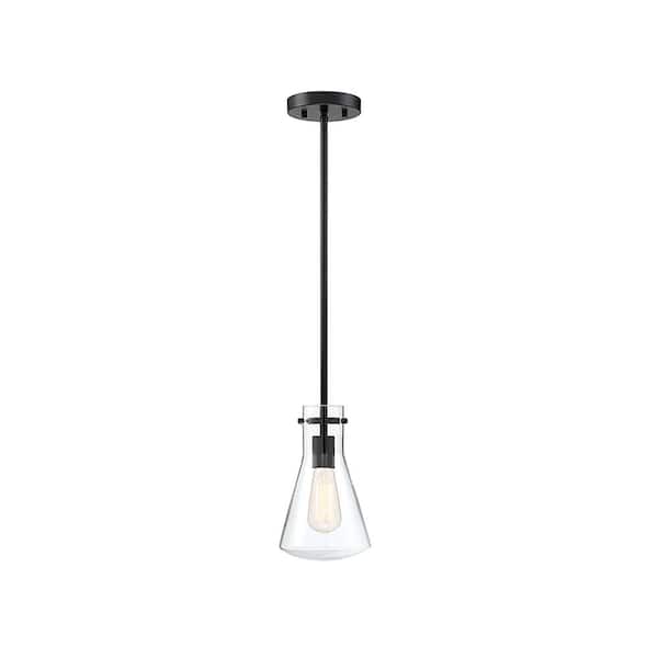Savoy House 6.25 in. W x 10.5 in. H 1-Light Matte Black Shaded Pendant Light with Clear Glass Shade