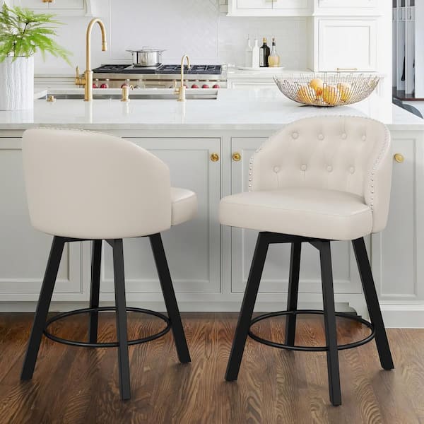 LUE BONA 26 in. White Faux Leather Metal Frame Upholstered Counter Height Swivel Bar Stools with Bright Silver Rivets (Set of 2)
