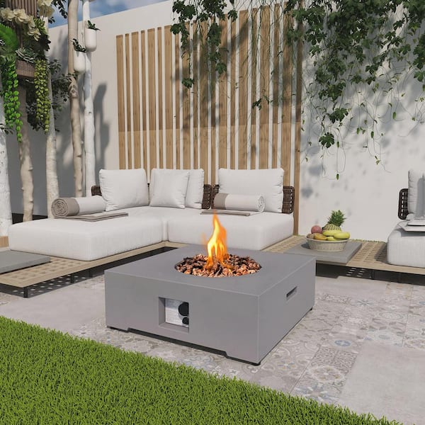 Uixe 30 in. x 11 in. Square Concrete Propane Gray Fire Pit Kit with PVC Weather Cover