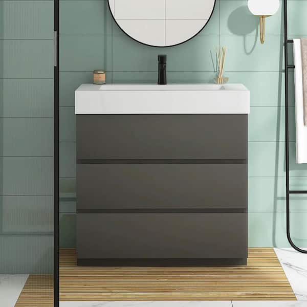 Boosicavelly 36 in. W x 18 in. D x 37 in. H Single Sink Freestanding Bath Vanity Set in Gray With White Resin Top