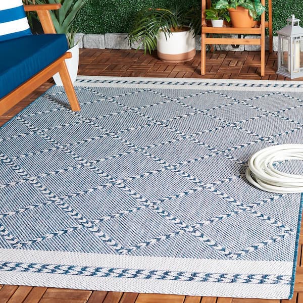 Courtyard Navy/Ivory 4 ft. x 6 ft. Border Diamond Indoor/Outdoor Area Rug