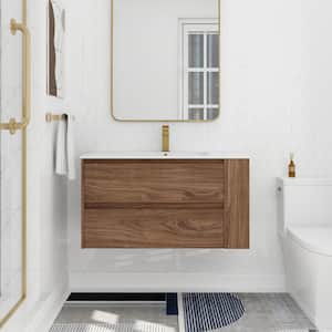 35.6 in. W x 18.10 in. D x 19.40 in. H Single Sink Wall Mount Bath Vanity in Brown Oak with White Resin Top