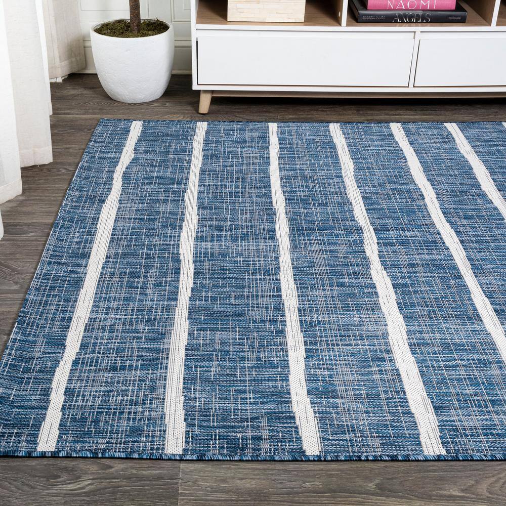 Blue and Ivory Striped Synthetic Reversible Area Rug