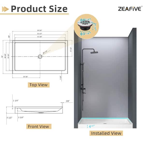 Nsip 60 in. L x 36 in. W Rectangular Non-Slip Alcove Single Threshold Shower Pan Base with Center Drain in White Tray