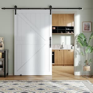 48 in. x 84 in. Paneled off White Primed MDF K Shape Sliding Barn Door with Hardware Kit & Handle & Lock