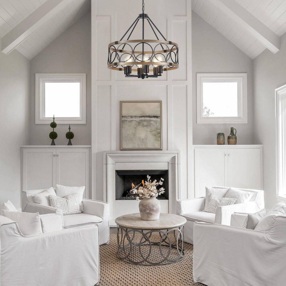 ZJVAIVE 6 Light Matte Black and Wood Grain Modern Farmhouse Lantern ...