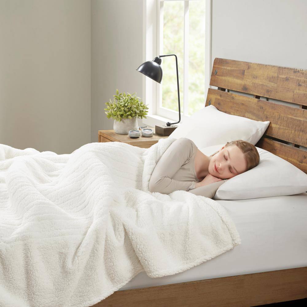 Full Ivory Sherpa Reversible Heated Blanket with Controllers