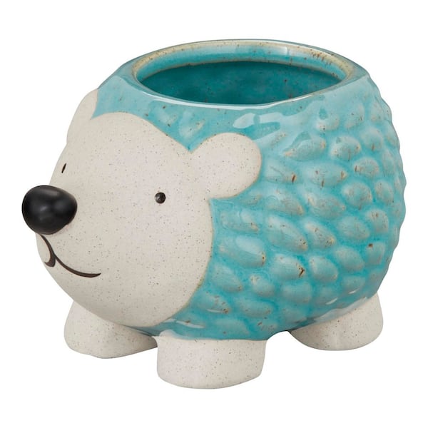 Vigoro 5.5 in. L x 3.9 in. W x 3.5 in. H Hedgehog Blue Ceramic Planter