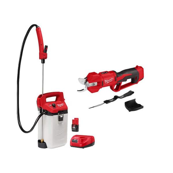 Milwaukee M12 12V Cordless Brushless Pruner Shears with M12 2 Gal. Handheld Sprayer, 2.0 Ah Battery, Charger