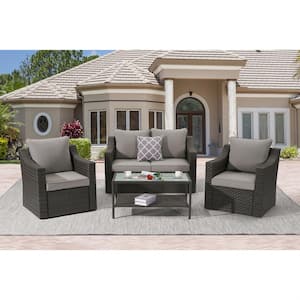 4-Pieces PE Rattan Wicker Outdoor Sofa Set Conversation Furniture Couch with Gray Cushions, Tempered Glass Table