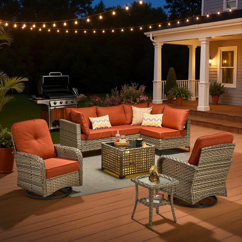Solvoc Gray 8-Piece Wicker Outdoor Patio Conversation Set with Orange Red Cushion, Swivel Chair, Lights Coffee Table price history on PriceWatchPro