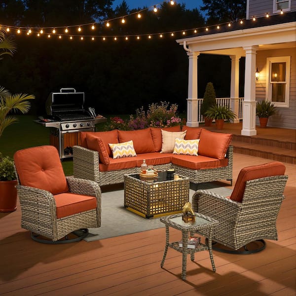 Solvoc Gray 8-Piece Wicker Outdoor Patio Conversation Set with Orange Red Cushion, Swivel Chair, Lights Coffee Table
