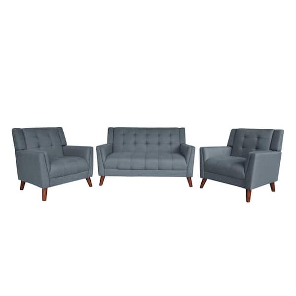 Noble House Candace Mid-Century Modern 3-Piece Tufted Dark Gray Fabric Arm Chair and Loveseat Set
