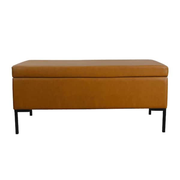 Homepop Large Carmel Faux Leather Storage Bench with Metal Legs 18.5 in. Height. x 42 in. Width in. x 20 in. Depth