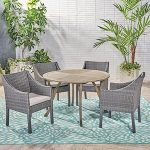 Kingston Gray 5-Piece Wood and Faux Rattan Outdoor Dining Set with Silver Cushions