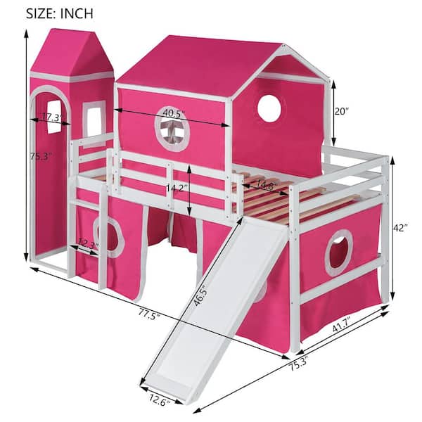 Polibi Pink Twin Size Bunk Bed with Slide Pink Tent and Tower RS