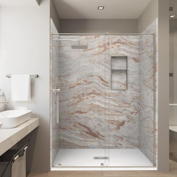 Naca. Brown 36 x 60 x 84 in. Combo Solid Composite Stone Alcove Shower Kit Matching Brushed Nickel Door, Niche and Drain