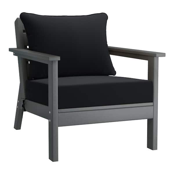 Birchwood Outdoor Patio Deep Seating HDPE Plastic Lounge Chair in Grey with Black Cushions