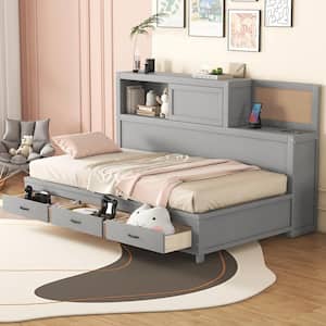 Gray Wood Twin Size Daybed with Storage Shelves, 3-Drawers, Cork Board, USB Ports, Slide-Door Compartment