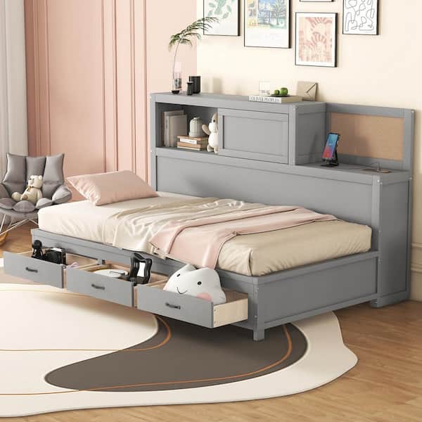 Harper & Bright Designs Gray Wood Twin Size Daybed with Storage Shelves, 3-Drawers, Cork Board, USB Ports, Slide-Door Compartment