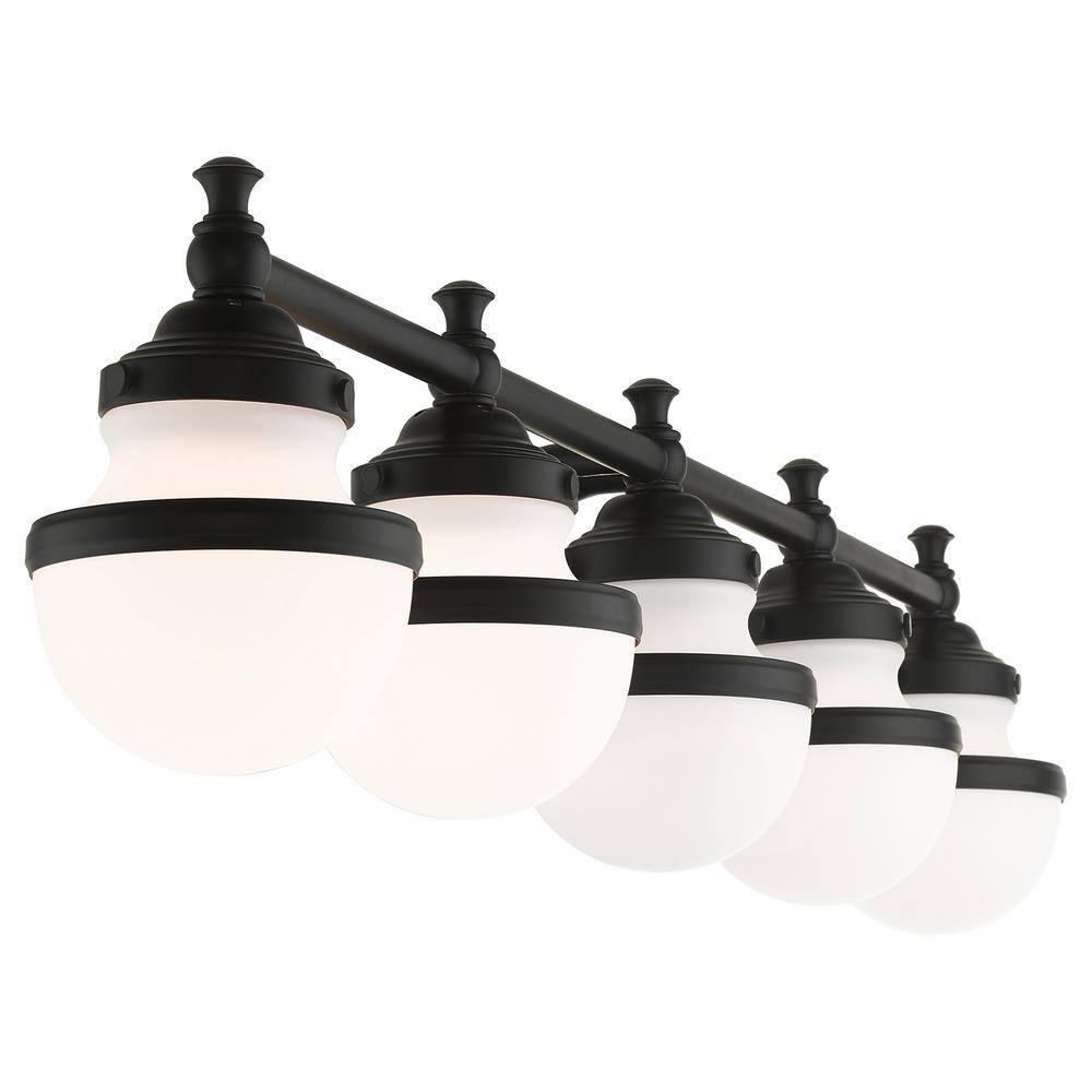 Oldwick Sleek Black 5-Light Vanity Sconce with Satin Opal White Glass