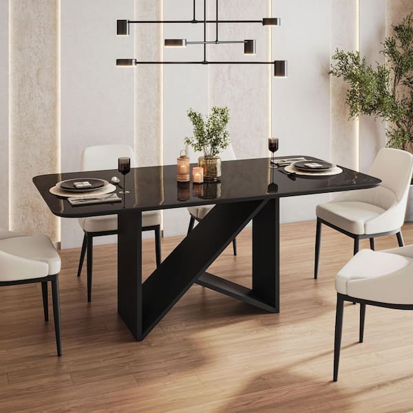 Techni Home Italian Style Black Painted Glass Pedestal Dining Table Seats 6