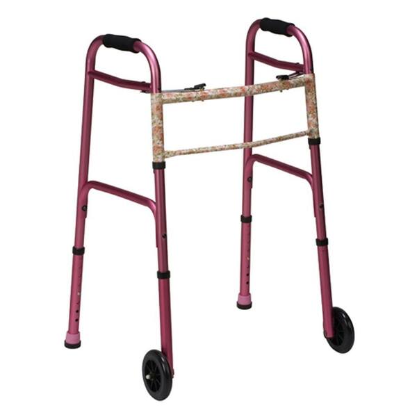 DMI Two-Button Release Folding Walker with Wheels in Pink/Floral