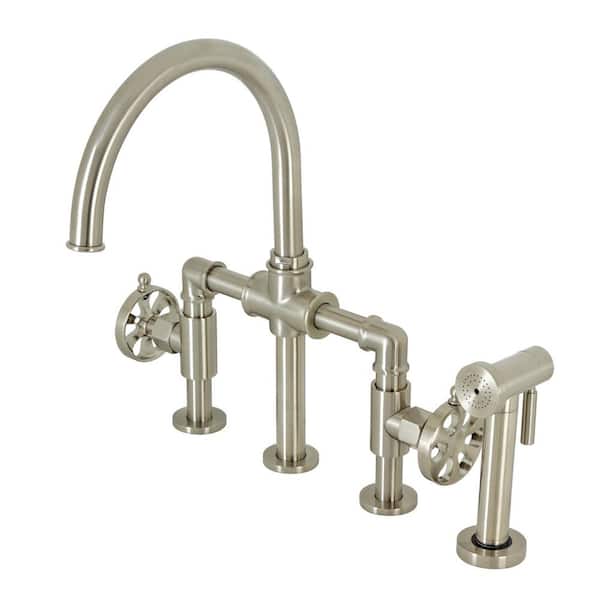 Kingston Brass Belknap Double-Handle Deck Mount Gooseneck Bridge Kitchen Faucet with Brass Sprayer in Brushed Nickel