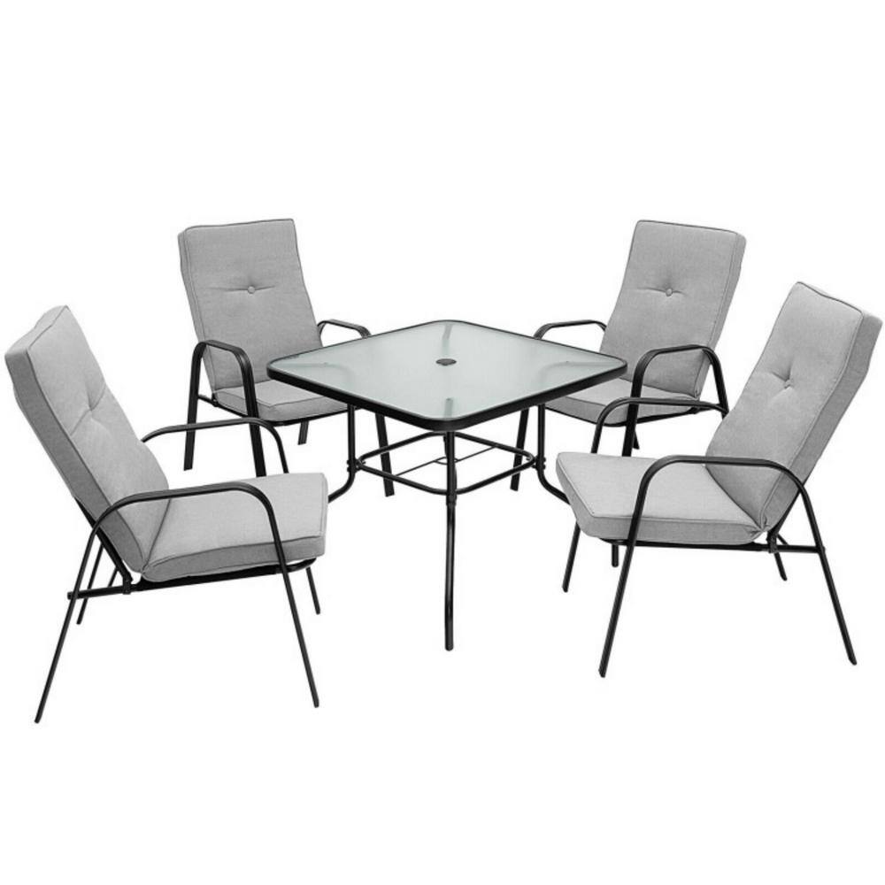 Black Steel Outdoor Dining Chairs with Grey Cushions, Set of 4