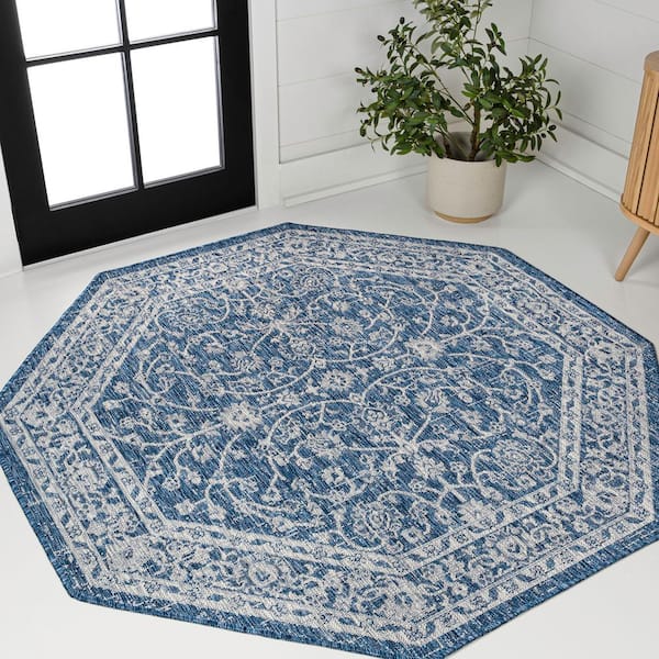 Palazzo Vine and Border Textured Weave Navy/Gray 8 ft. Octagon Indoor/Outdoor Area Rug