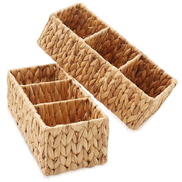 Casafield Brown Natural 14.25 in. x 6 in. Wicker Woven Hyacinth Decorative Baskets 3-Section Storage Bins Set of 2
