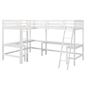 Wood Twin Size L-Shaped Loft Bed with Ladder and 2 Built-in L-Shaped Desks, White