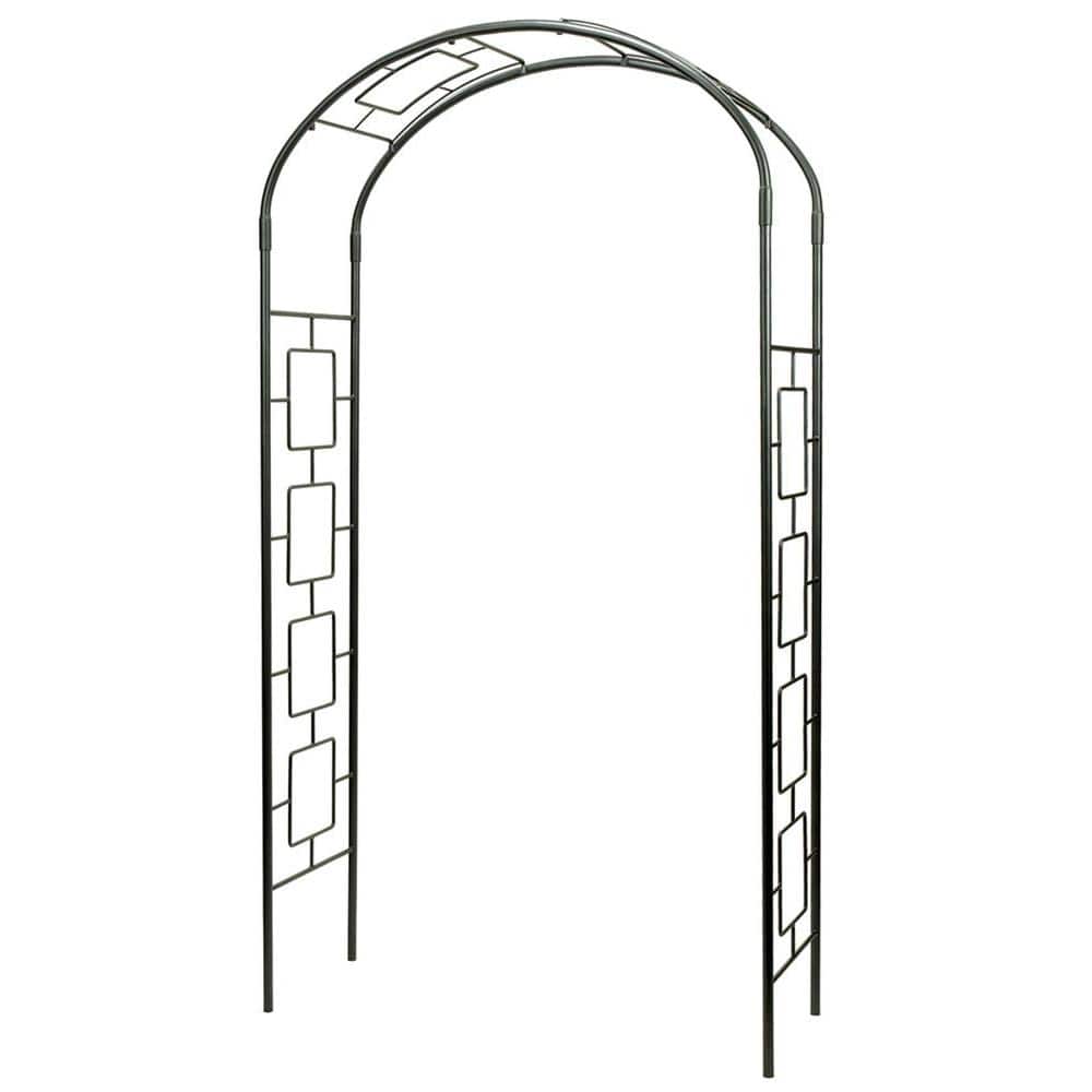 ACHLA DESIGNS Elegant Handcrafted Modern Garden Arbor, 100 in. Tall Graphite Powder Coated Finish, Black Create an elegant garden entrance with a handcrafted wrought-iron arbor by Achla Designs. We make a wide variety of sizes and decorative styles to fit every garden. The Monet Arbor has a simple arched design with a grid-like lattice along the sides. This beautiful design works great in any vegetable or flower garden, yard entryway or garden path. The arbor is 8 ft. 4 in. tall, 4 ft. 7 in. wide, with a depth of 21 in., providing plenty of room for passage beneath. It can be placed over a walkway or over a bench seat, with the sides of the arbor used to trellis climbing plants. All of our garden arbors are designed to ship flat, with easy set-up using slip-in components, so no tools are necessary. 4 spiked feet are included for installation. Wonderful for garden parties, weddings and events, when placing the arbor on the patio, deck, or on another hard surface, optional display feet can be used (sold separately). Color: Black.