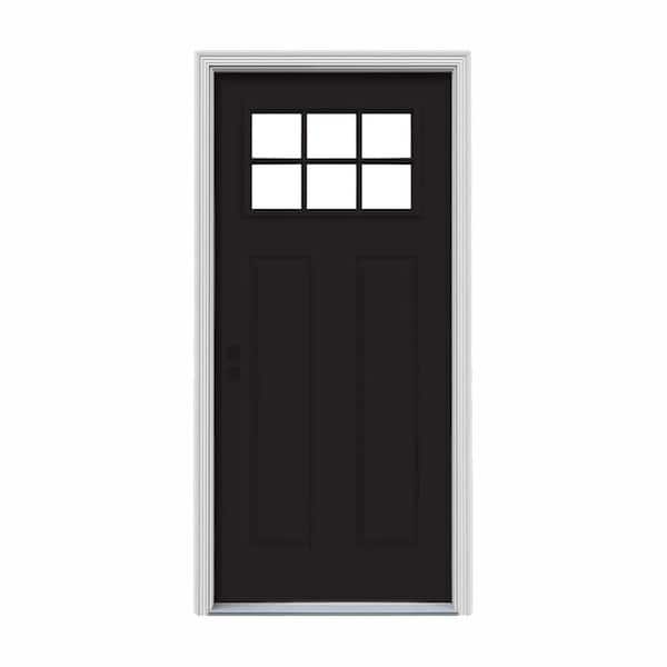 30 in. x 80 in. 6 Lite Craftsman Black w/ White Interior Steel Prehung Right-Hand Inswing Front Door w/Brickmould